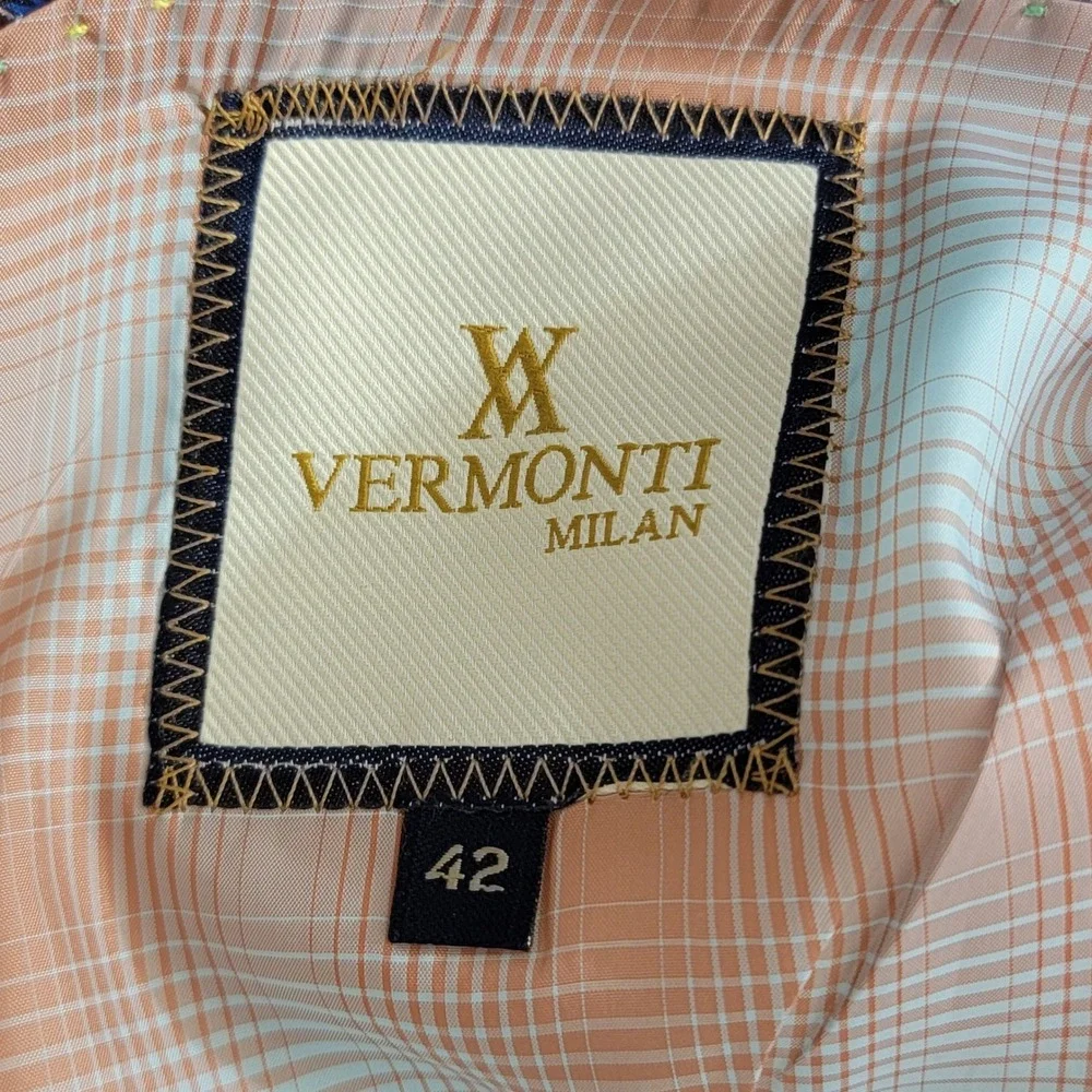 Vermonti Milan Linen Tailored Fit Windowpane Plaid Sport Coat Blazer Blue 42R